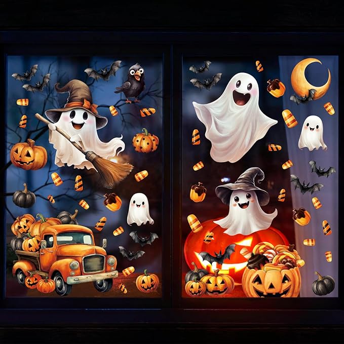 8 Sheet Halloween Window Clings, Ghost Pumpkin Bat Reusable Window Stickers Double Decals for Glass Window Halloween Decoration