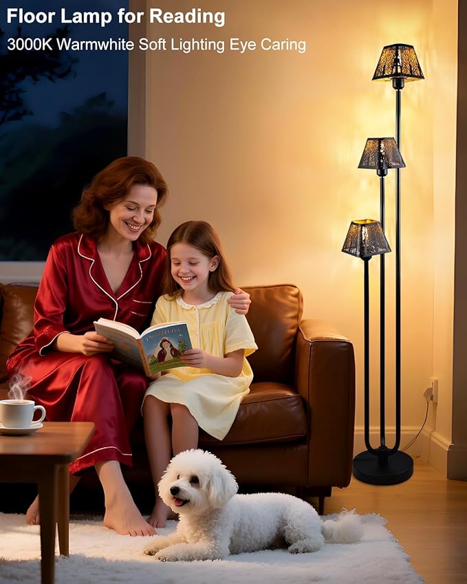 63IN Black Floor Lamp, Unique 3 Poles Tall Standing Lamps with Metal Shade, 3000K Warmwhite Mid Century Modern Floor Lamp for Living Room Home Office(Bulbs Included)