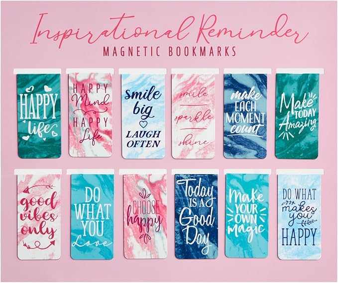 12 Pack Magnetic Bookmarks for Women - Inspirational Book Markers for Reading, Book Accessories (Marble)