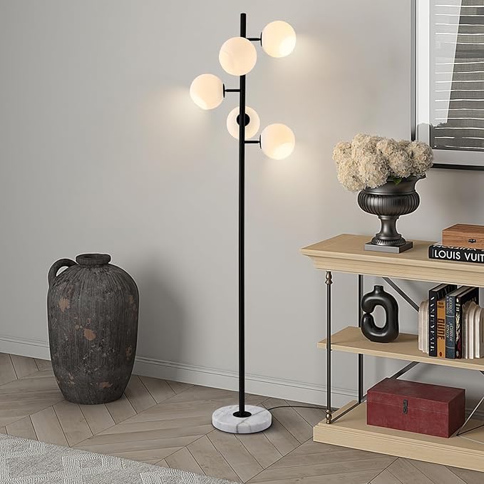 KCO Lighting Five Globe Mid Century Modern Floor Lamp 5Light Milk Glass Floor Lamp Contemporary Black Standing Lamp Industrial Tree Floor Lamp Marble Base Floor Lamp for Living Room, T1013-B