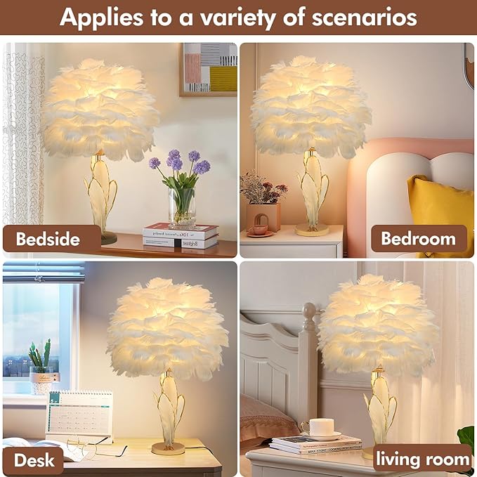 ZYLEIESENBAO Chic White Feather Lamp Creative Furry Table Lamp Modern Feather Desk Lights Romantic Princess Bedside Nightstand Light for Teen Girls Bedroom Decoration Living Room Wedding Kids Room