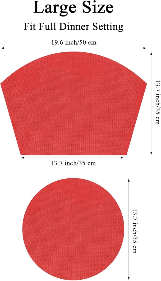 SHACOS Large Size Wedge Shape Placemats with Centerpiece Round Mat Set of 5 Round Table Place Mats Washable Dining Table Placemats Reversible, Red