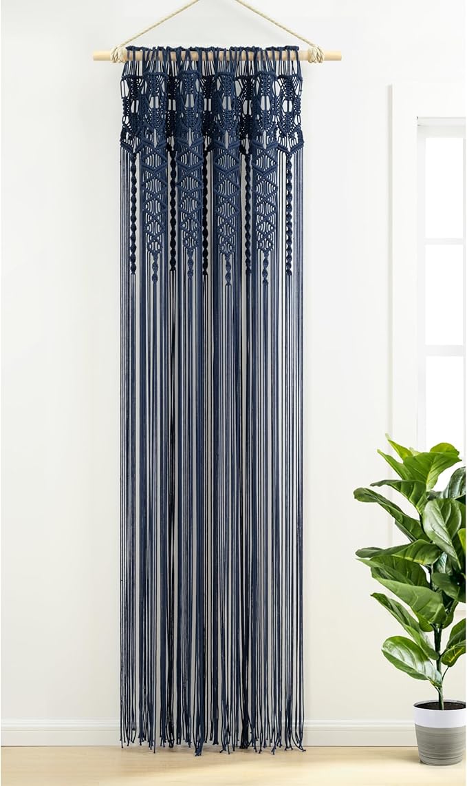 Lush Decor Boho Macrame Textured Cotton Window Curtain Panel, Single Panel, 40" W x 84" L, Navy - Doorway Curtain - Room Divider, Wedding Or Wall Decor - Boho Curtain - Macrame Curtains for Windows