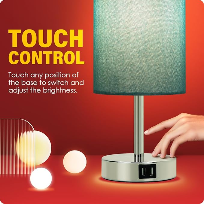 Yarra-Decor Bedside Lamp with USB port - Touch Control Table for Bedroom Wood 3 Way Dimmable Nightstand Round Denim Shade Living Room, Kids College Dorm, Office(LED Bulb Included), Td-001 Denim