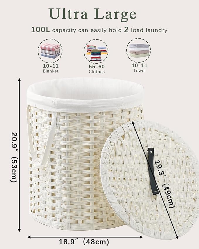 Laundry Hamper with Lid Wicker Laundry Hamper Round 26.5 Gal (100 L) Laundry Basket Handwoven Rattan Laundry Basket with Removable Bag Handles 2 Mesh Bags for Living Room Bedroom White