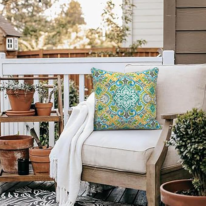 LVTXIII Outdoor Throw Pillow Covers Waterproof Tropic Accent Pillow Cases Fluffy Outdoor Cushion Covers for Garden and Patio Furniture Decoration, 16x16, 2 Pack, Damask Green