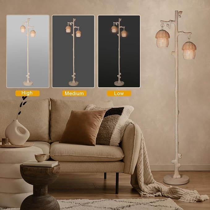 Rattan Floor Lamp with Faux Wood Finish, Boho Floor Lamps with Faux Pinecone and Leaves Decor, Beige