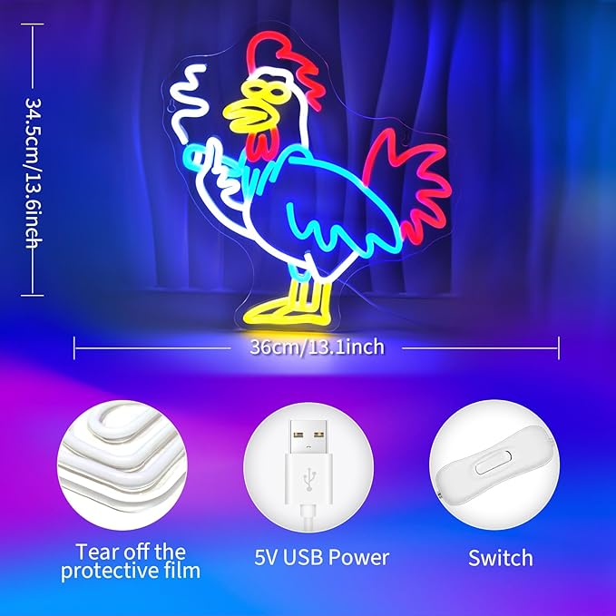 Rooster Neon Signs for Wall Decor LED Light Sign for Room Decor Aesthetics Light Up Sign for Birthday Party Decoration Aesthetics USB Powered