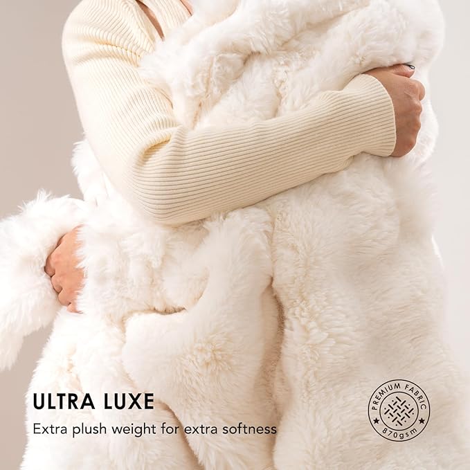 EVERGRACE Ultra Soft Luxury Fluffy Ridgeline Faux Rabbit Fur Throw Blanket, Thick Warm Bubble Throw for Bed, Cozy Plush Reversible Blankets for Couch, Chair, Sofa, Ivory White, 80x90 Inches, 870 GSM