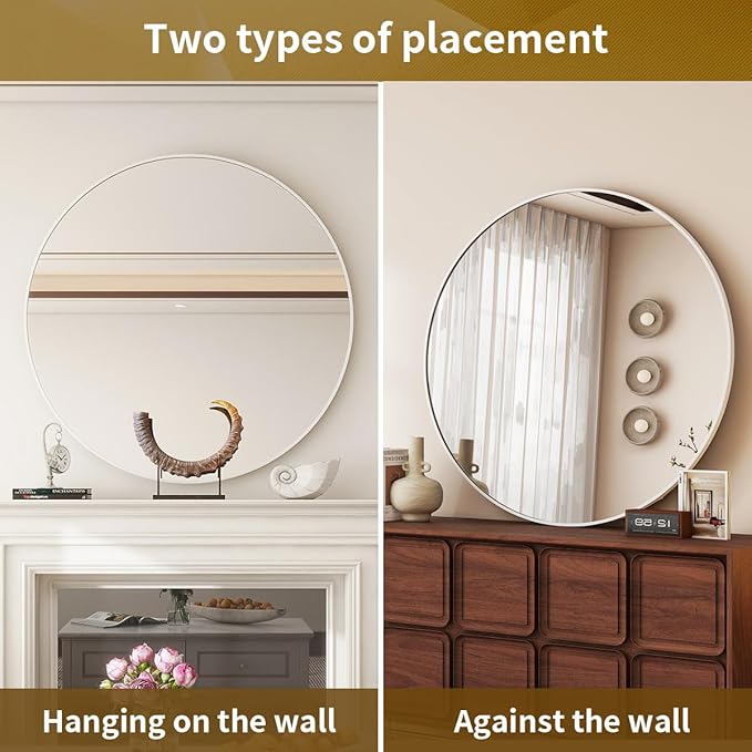 White Round Mirror, 20 Inch Bathroom Mirror with Metal Frame, Wall Wall-Mounted for Entryway, Bathroom, Vanity, Living Room
