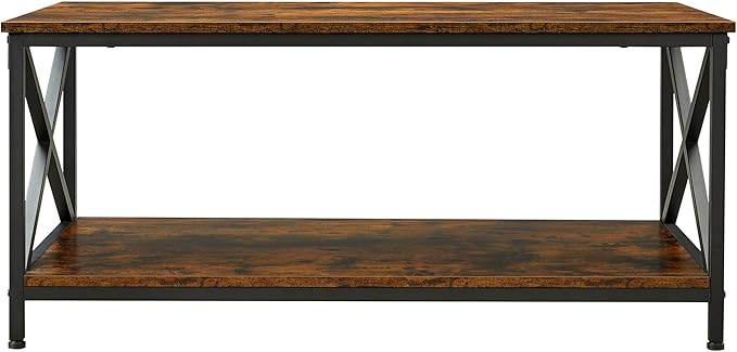 VASAGLE Coffee Table, Cocktail Table with Storage Shelf and X-Shape Steel Frame, Industrial Farmhouse Style, 39.4 x 21.7 x 17.7 Inches, Rustic Brown and Black ULCT200B01V1