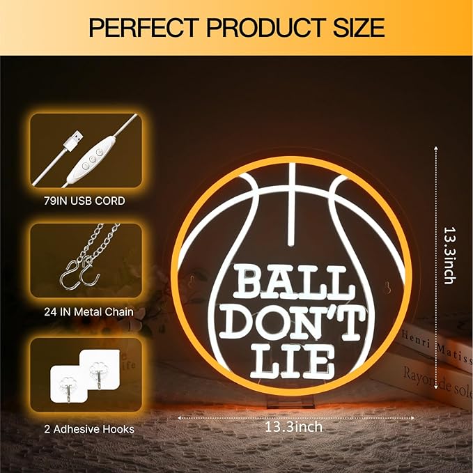 Ball Don’t Lie Neon Sign, Basketball LED Light for Game Room, Man Cave, Bedroom, or Office, USB Powered, Dimmable, 13.3” Round Wall Decor Gift for Hoopers