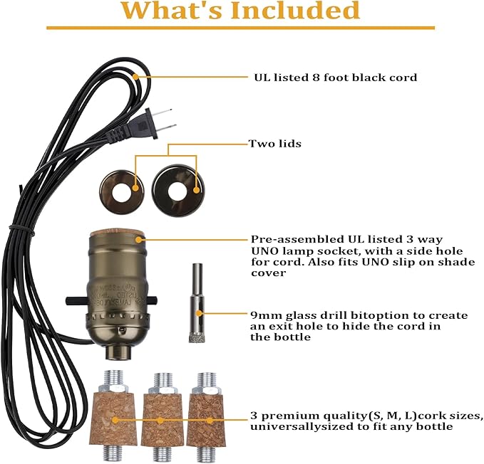 Bottle Lamp Kit with 9mm Glass Drill bit DIY Lamp Kit for Liquor Bottles with Slip on Socket and 8 Feet Power Cord,No Drilling Required