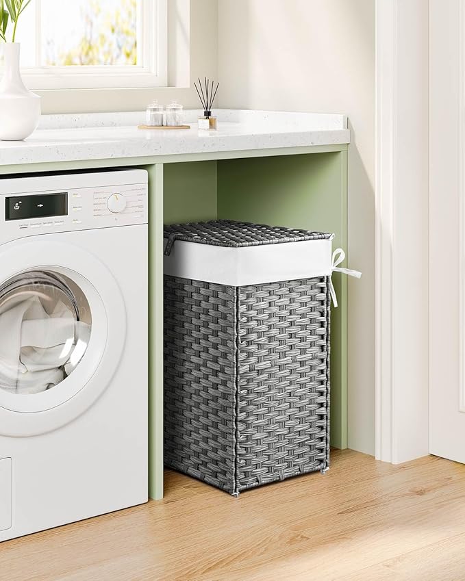 Greenstell Laundry Hamper with Lid, 125L Laundry Basket with 2 Removable Liner Bags & 2 Mesh Bags, Handwoven Synthetic Rattan Clothes Hamper for Clothes, Toys in Bathroom, Bedroom, Foldable, Grey