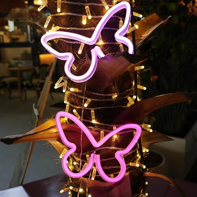 Butterfly Neon Sign, 2 Pack Led Neon Light USB/Battery Operated Wall Decor for Party, Birthday, Wedding, Holiday, Christmas, Living Room, Bar, Bedroom, Indoor, Valentine Gifts (Pink Purple)