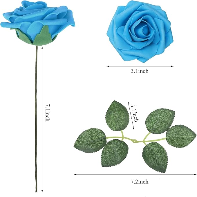 N&T NIETING Artificial Flowers 50pcs Real Looking Blue Foam Fake Roses with Stems for DIY Wedding Bouquets White Bridal Shower Centerpieces Arrangements Party Tables Decorations