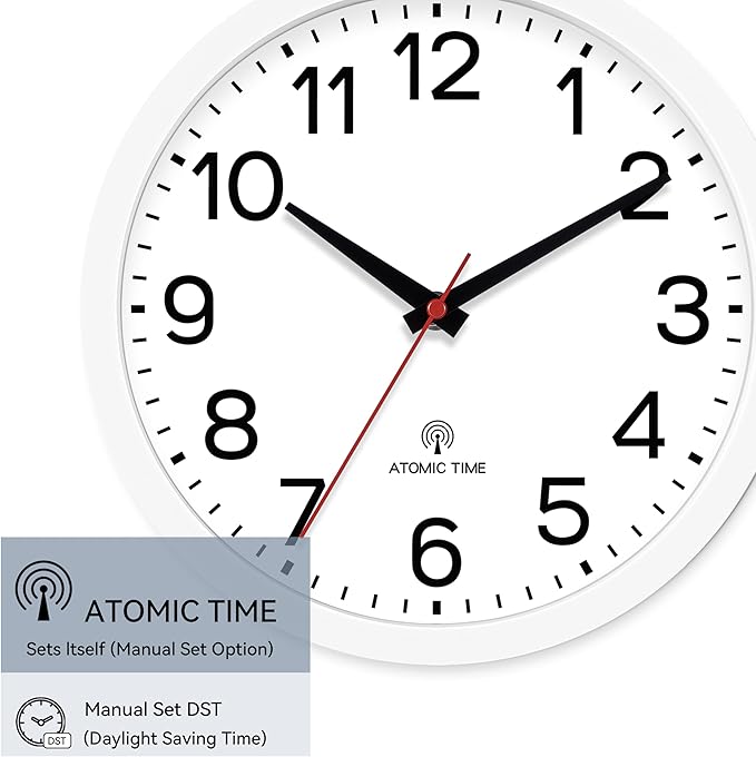 AKCISOT Atomic 10 Inch Wall Clock Analog Clocks for Indoor Kitchen-Silent Battery Operated Clock for Bedroom Office Classroom Living Room(White)