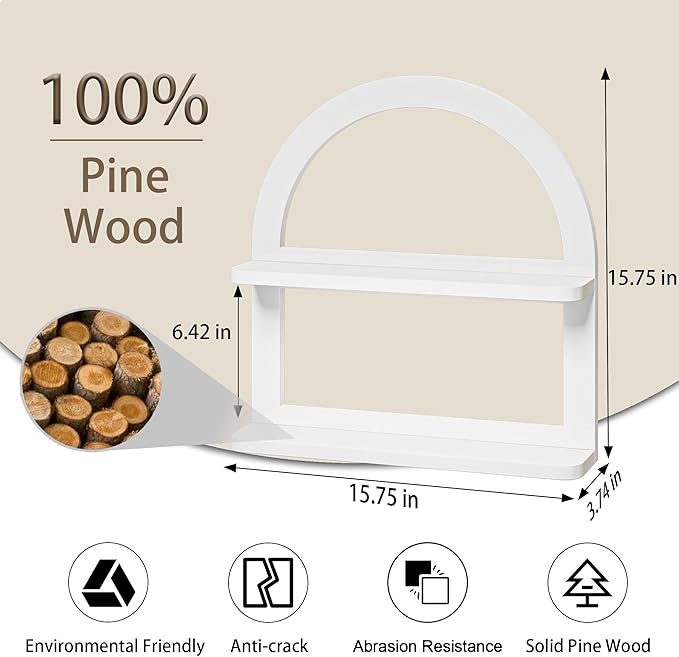 2 Tier Natural Arched Wall Shelf, Pine Wood Fan-shaped Nursery Floating Shelf, Cute Boho Shelf for Neutral Nursery Decor, Arched Bookshelf for Storage, Wooden Decorative Shelf for Home & Office, White