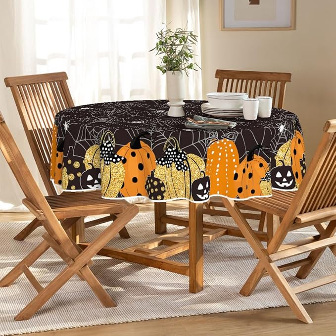 Horaldaily Halloween Tablecloth 60x60 Inch Round, Jack-O-Lantern Pumpkin Cobweb Scary Themed Black Washable Table Cover for Party Picnic Dinner Decor