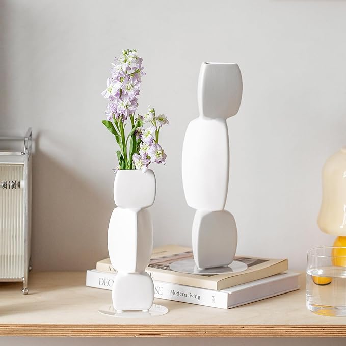 Cute Vase - 12.2“ Tall Unique Flower vase, White Aesthetic Cool Vases for Neutral Home Decor, Fun Vase Florero for Living Room Bedroom Office Decor (Triangle White, Big)