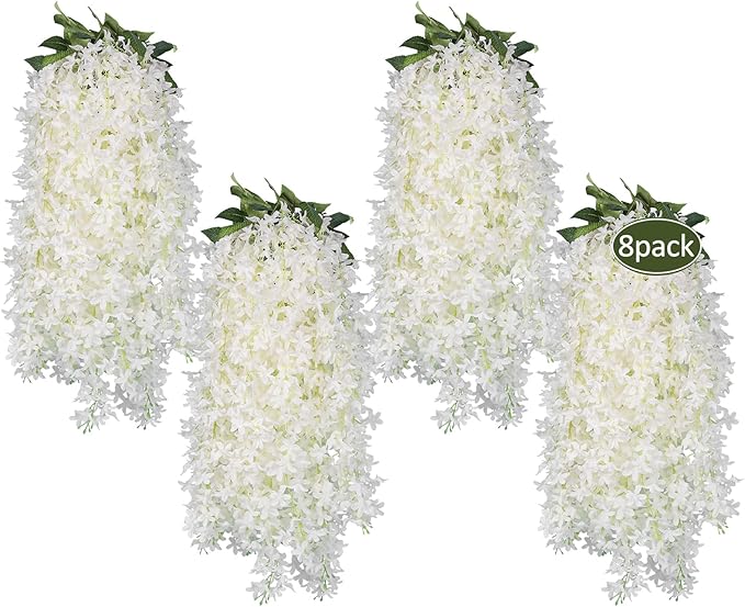 Artificial Lilac Flowers Garland 8Pcs-24Branches 33.5in Fake Syringa Wisteria Vines Faux Silk Lilac Hanging Floral Decoration for Indoor Outdoor Wedding Arch Birthday Party Garden Balcony (White)