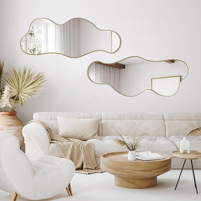 POZINO Irregular Wall Mirror, Asymmetrical Mirrors, 39.3"x16" Cloud Shaped Mirror, Gold Modern Mirrors for Bathroom Living Room Bedroom Entryway