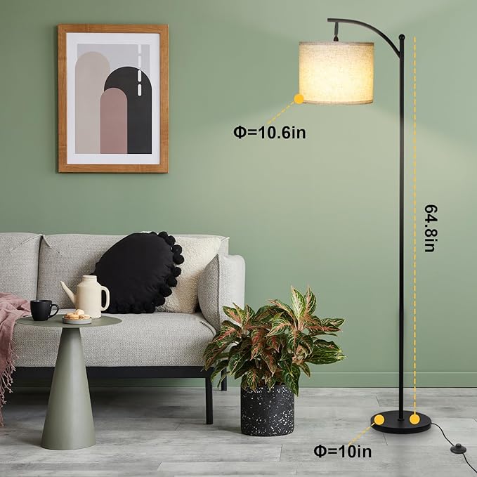 Modern Floor Lamp, 3-Ways Dimmable Standing Lamp with Linen Shade, Adjustable Height, Foot-Step Switch, Reading Lamp for Living Room, Bedroom, Office, 9W Bulb Included (Black)