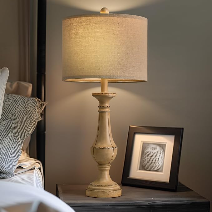 PoKat 27.5" Farmhouse Table Lamp for Living Room, Mid Century Tall Table Lamp for Bedroom, Bedside Lamps for Night Stands, Wood Bedroom Lamp for End Table, Traditional Lamp, Distressed Washed White