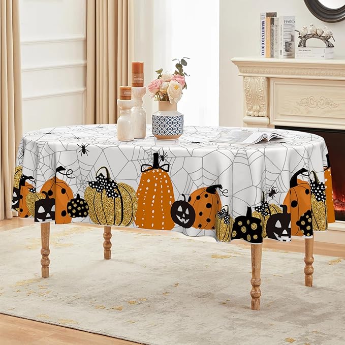 Horaldaily Halloween Tablecloth 60×84 Inch Oval, Jack-O-Lantern Pumpkin Cobweb Scary Themed Washable Table Cover for Party Picnic Dinner Decor