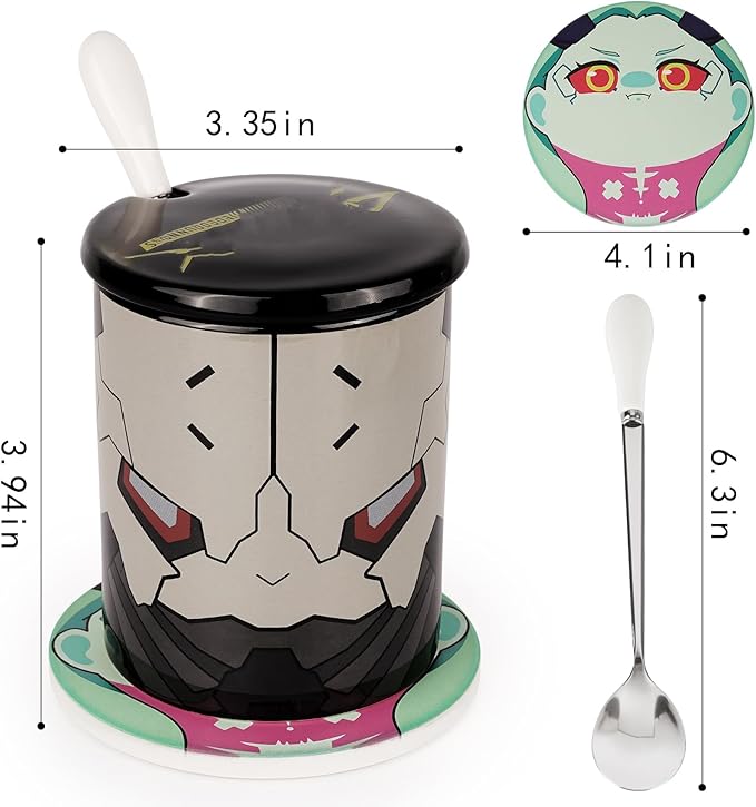 12oz Ceramic Mug Set - 4-piece Coffee Mugs with Lid, Coaster & Spoon - Perfect for Fans of Cyberpunk Aesthetic &Sci-Fi (Black)