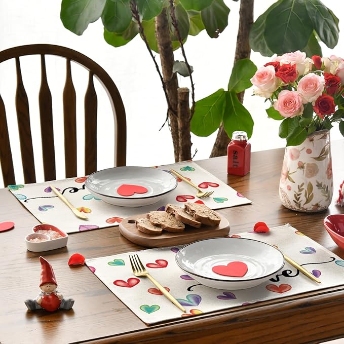 Artoid Mode Multicolor Love Hearts Valentine Placemats Set of 4, 12x18 Inch Seasonal Anniversary Holiday Table Mats for Party Kitchen Dining Decoration