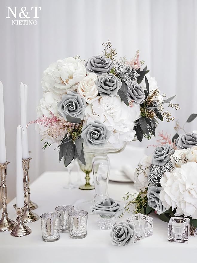 N&T NIETING Artificial Rose, 25pcs Gray Fake Foam Flowers with Stems for Wedding Party Baby Shower Cake Decoration, Home Display