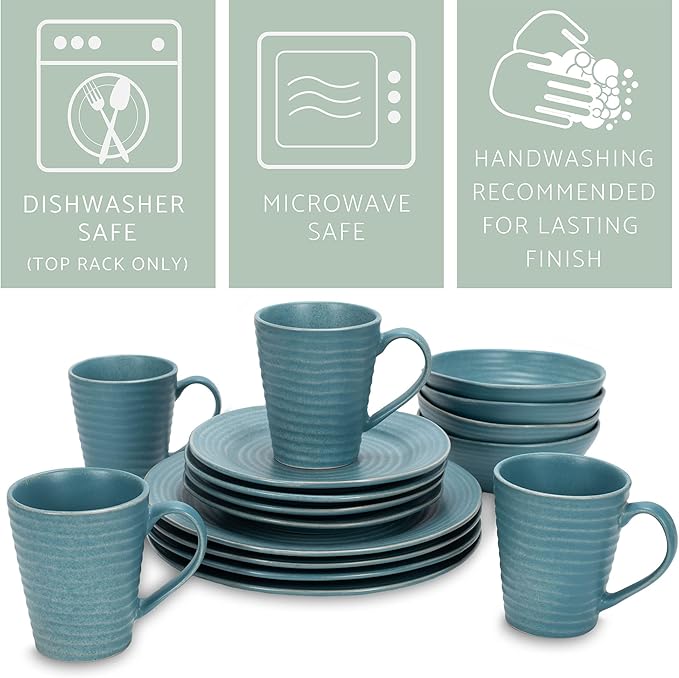 Elanze Designs Charming Chic Ribbed Modern Thrown Pottery Look Ceramic Stoneware Plate Platter Mug & Bowl Kitchen Dish Dinnerware 16 Piece Set - Service for 4, Turquoise
