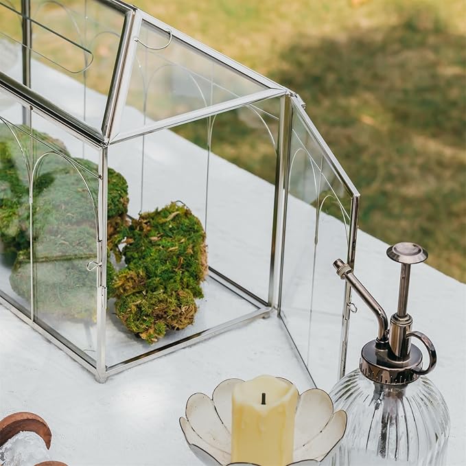 NCYP Glass Cards Box with Slot & Lock for Wedding - 12.6" x 5.9" x 9" Vintage Geometric Terrarium, Wishwell, Party, Home Reception, Tabletop Decor, Silver (Glass Box Only)