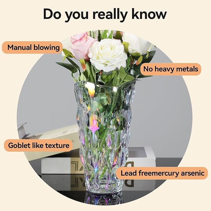 CEMABT 9.5inch 3.4 lb Glass Vases for Flowers Unbreakable Thickened Morden vase for Tables Centerpieces,Colorful,Vintage and Clear Rose Large Flower vases for Bouquet Unique Gifts(Colorful)