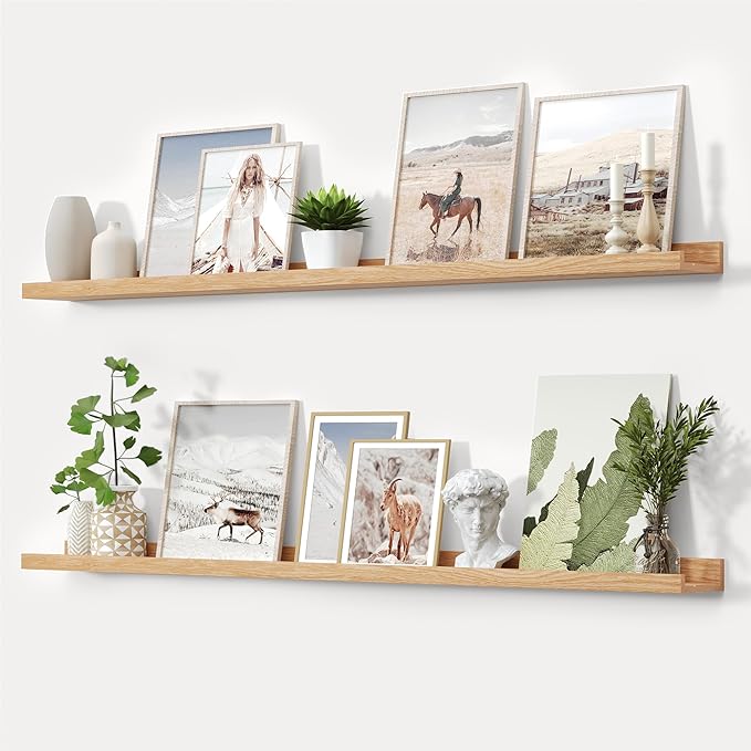Oak Picture Ledge Shelf,Floating Wall Mounted Shelves, Black Shelves for Wall Decor, Modern Picture Ledge Shelf with Lip for Storage, Bedroom, Living Room, Bathroom,Nursery Display