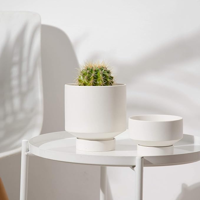 UBEE Plant Pot for Indoor Plants | 5.43 + 4.61 Inch Ceramic Flower Pot | Small Planter Pots with Drainage Hole and Saucer for Herb, Cactus and Orchid, 2 Set, White
