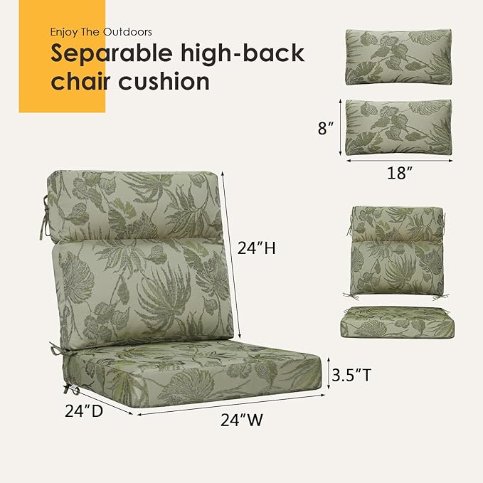 Outdoor High Back Chair Cushion, 2 Pack 48 x 24 inches Patio Chair Cushions Water Repellent Rocking Cushions Indoor Furniture Seat Pad with 2 Pillows, Dark Green Vine