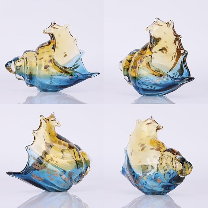 DOVDOV Hand Blown Glass Conch Statues, Blue and Amber Glass Art Figurines, Conch Shells for Coastal Home Decor, Living Room TV Stand and Bookcase Decor, Bathroom Shelf Tops and Cabinet Decor.
