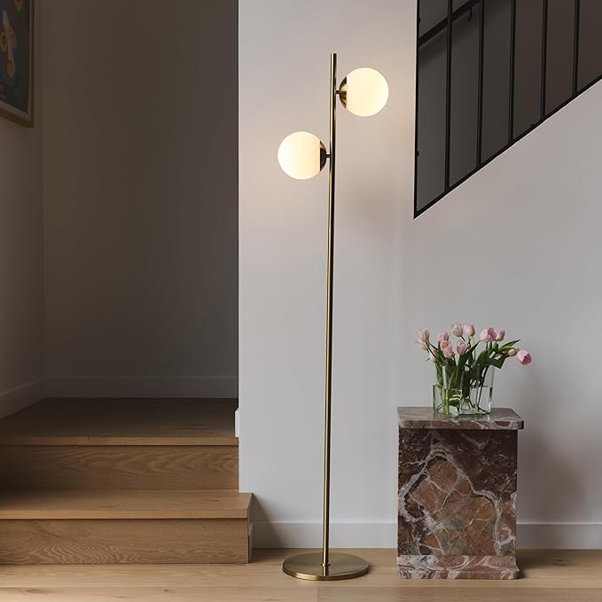 Brightech Sphere Floor Lamp for Living Room, Mid-Century Modern 2 Globe Pole Light for Bedroom, Bright LED Standing Lamps for Offices, Contemporary Living Room Décor – Gold/Antique Brass