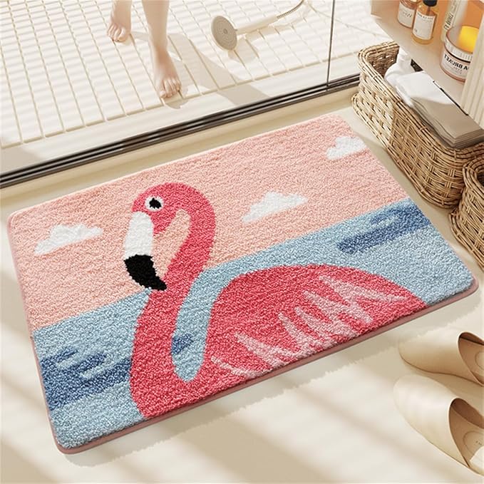 Bathroom Rug Cute Animal Pattern Fun Bath Mat, Microfibre Soft Oval Rug, Rubber Back, Multi-Color, Durable, Machine Wash Bath Mat for Bathroom Floor, 19.68"x 31.49", (Flamingo)
