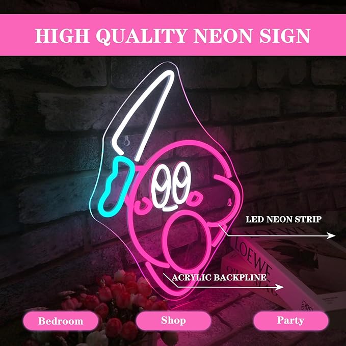 Kirbee Knife Neon Sign Dimmable Cute Animal Led Signs for Wall Decor LED USB Gaming Neon Light Sign for Boys Bedroom Game Room Decoration Gamer Fans Birthday Gifts