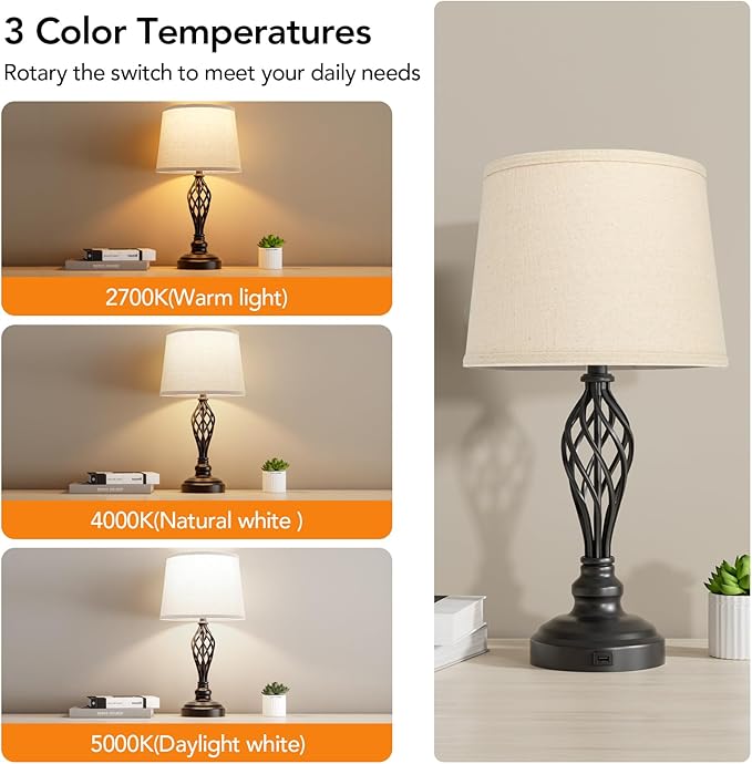 PARTPHONER Set of 2 Table Lamps with USB Port, Farmhouse Bedside Lamps with 3-Color Temperature, Nightstand Lamp Large Cream Drum Shade Spiral Cage Base Desk Lamps for Living Room, Home Bedroom