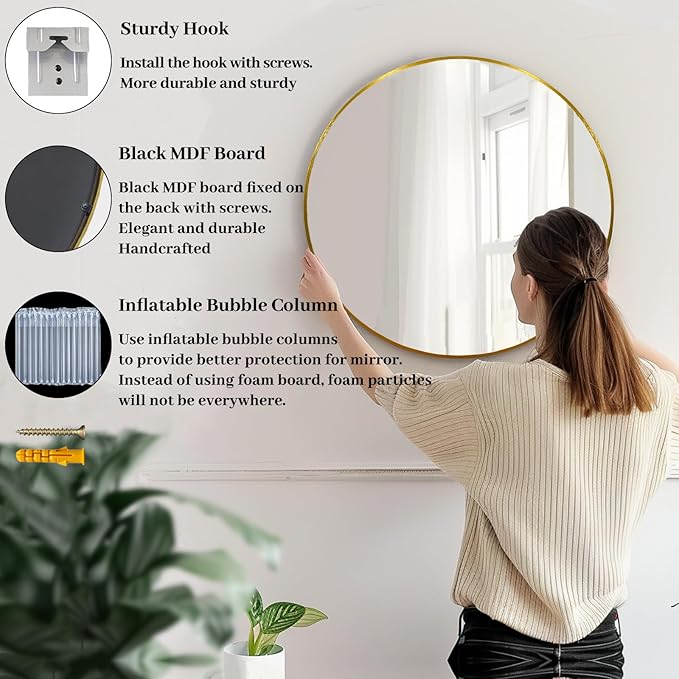 Round Gold Mirror, 28 inch Round Mirror, Circle Bathroom Mirrors Metal Frame, Wall Mounted Circle Mirrors for Bathroom, Living Room, Hallway, Farmhouse.