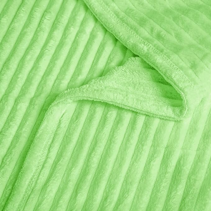 Vessia Flannel Fleece Throw Blanket for Couch, Sofa, Bed, 300GSM Microfiber Light Green Striped Chair Blanket, Super Soft Warm Cozy Lightweight Ribbed Throw for All-Season
