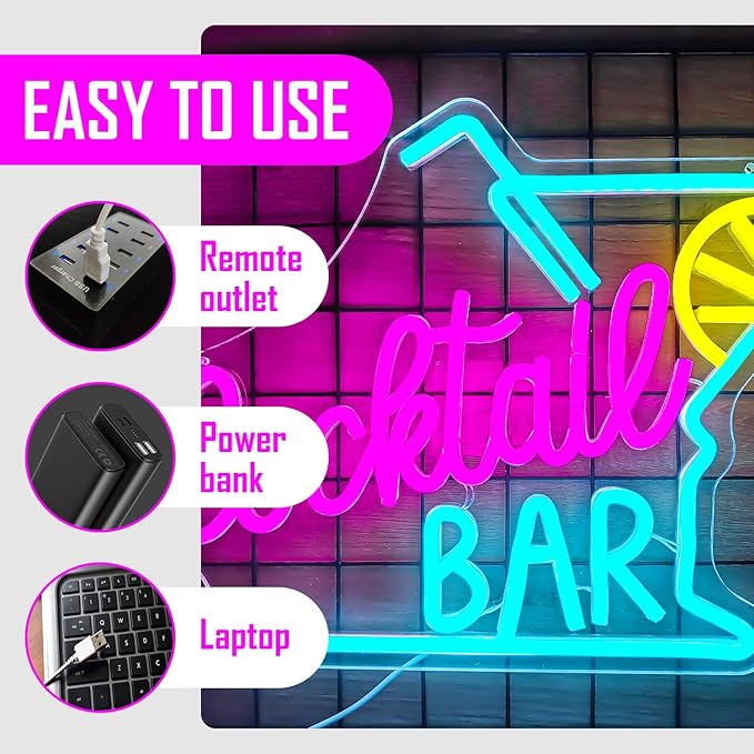 Cocktails Neon Sign for Wall Decor Bar Led Sign Glass Neon Lights Neon Bar Sign for Home Bar Party Pub Night Club Man Cave Bistro