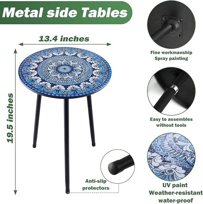 1 Pack Metal Mosaic Round Side Table 13.4" Small End Table for Patio Round Accent Garden Corner Stand for Small Spaces Weather-Resistant for Balcony Plant Stand Indoor Outdoor