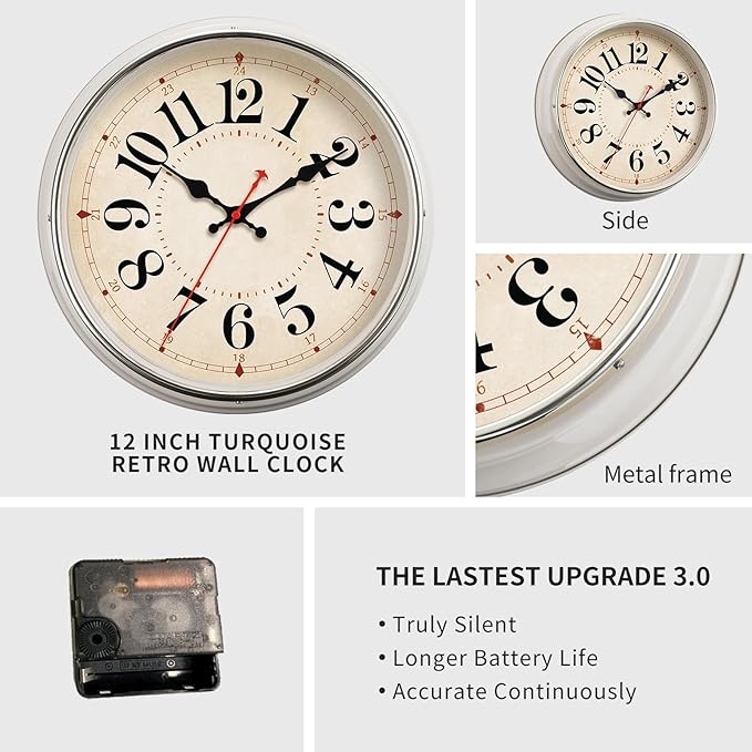 Wall Clock Metal 12.4" Retro Vintage Wall Clocks Countryside Style Silent Non Ticking Easy to Read for Living Room, Kitchen, Bedroom, Office, Bar(12.4" Beige)