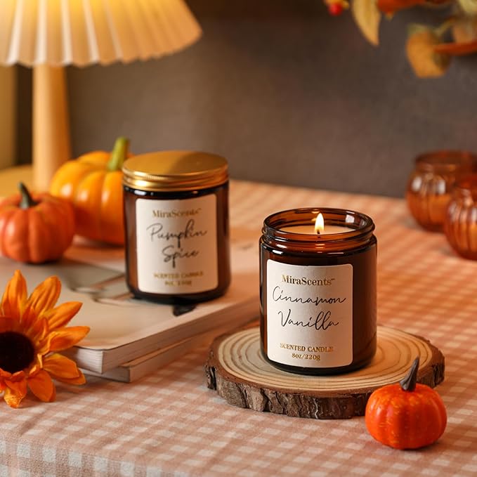 Fall Scented Candle Set, 2 Pack Fall Pumpkin Candles, Autumn Soy Candle Set, Fall Candle Gifts, Autumn Candle for Home Scented, Fall Scents of Cinnamon Vanilla,Pumpkin Spice, AH-Fall-7.5oz