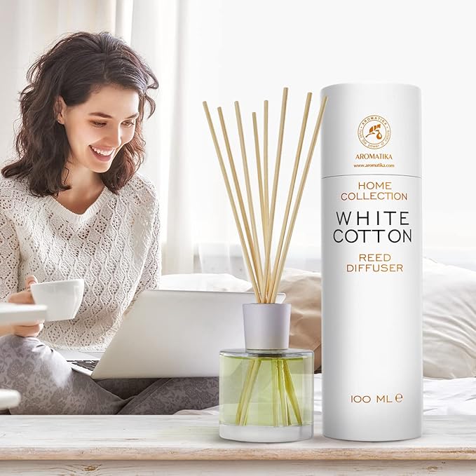 Reed Diffuser White Cotton 3.4 Fl Oz (100ml) - Room Diffuser with Floral Scent - Fragrance Diffuser with Rattan Sticks - Room Freshener - Scented Diffusers - Home Fragrance